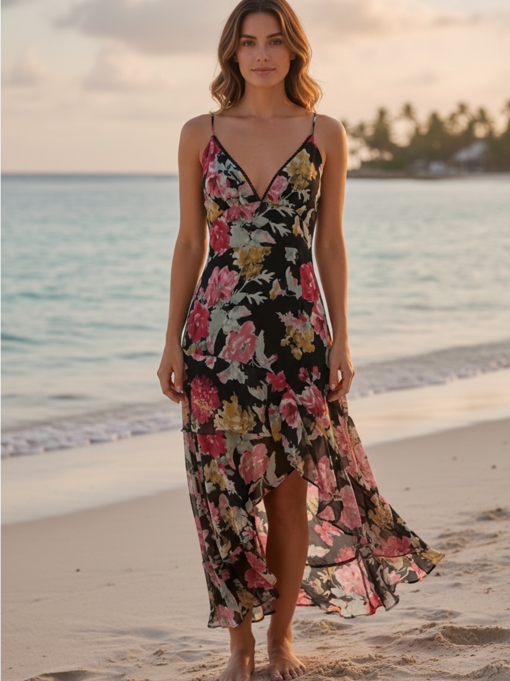 Dress Forum Black Asymmetrical Floral Maxi Dress with Pink & Yellow Blooms